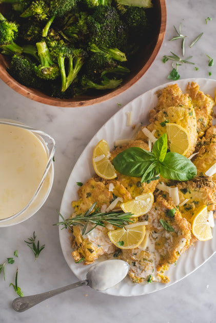 Herb Crusted Chicken Romano with Lemon Cream Sauce and Roasted Broccol ...